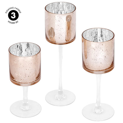 Koyal Wholesale Rose Gold Candle Holder Set of 3, Long Stem Candle Holders, Rose Gold Glass Floating Candle Holders, Tall Gold Tea Light Holders for Table Centerpiece, Tall Tealight Candle