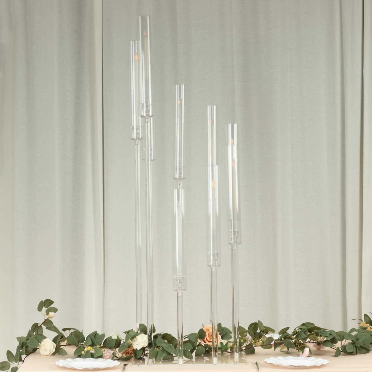 Efavormart 9 Arm Clear Acrylic Cluster Taper Candle Holder Candelabra, Pillar Candle Stick Stand with Square Base - 4ft Tall