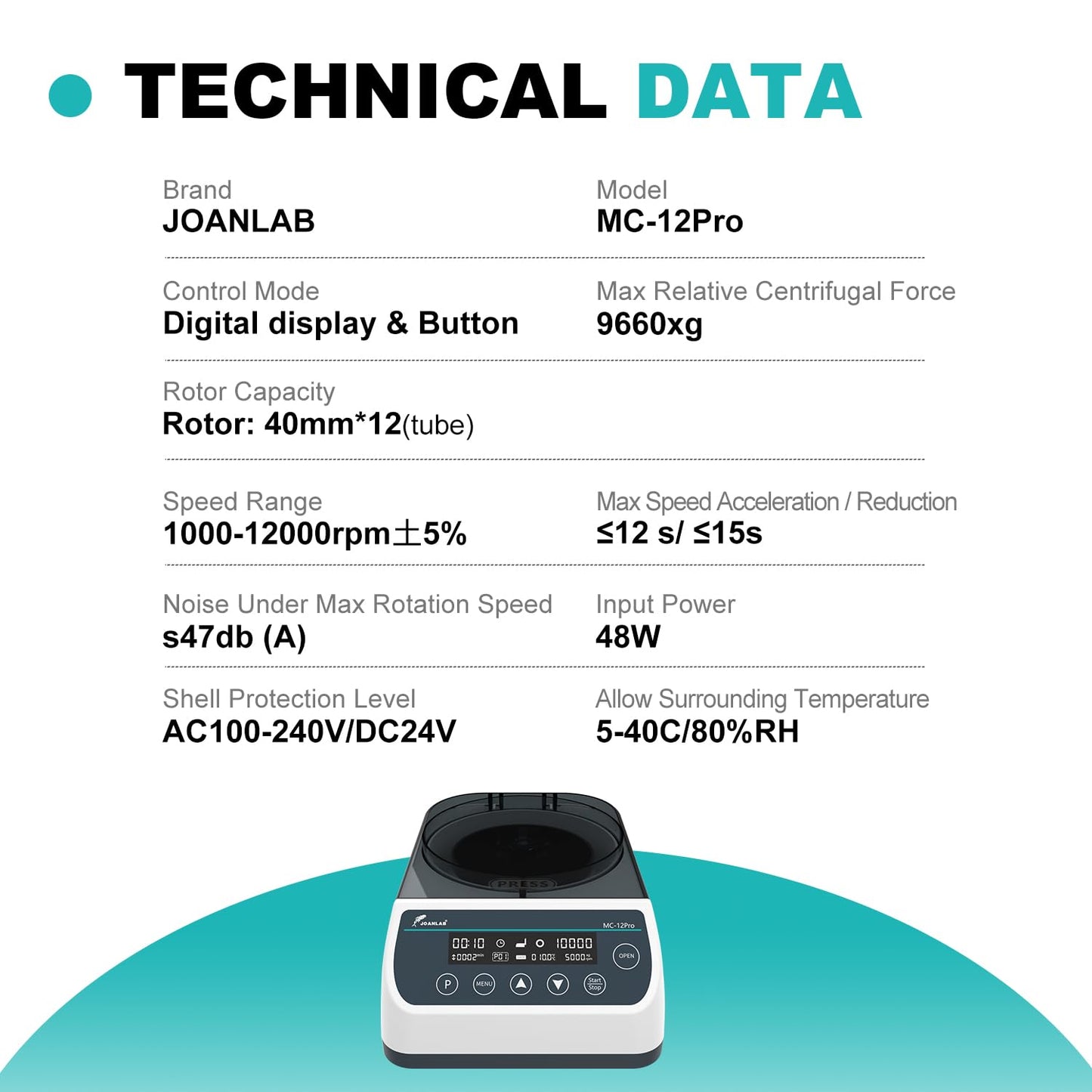 Digital 12000rpm High Speed Centrifuge Machine 12x40mm Glass Tube Microcentrifuges w/Over Temperature Protection