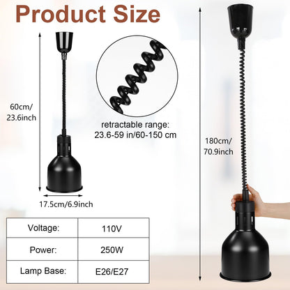 Nuanchu 2 Pack Food Heat Lamps 110v 250w Food Warmer Light Retractable Hanging Heat Lamp for Buffet Restaurant Catering Kitchen Dia 17.5cm Shade Black