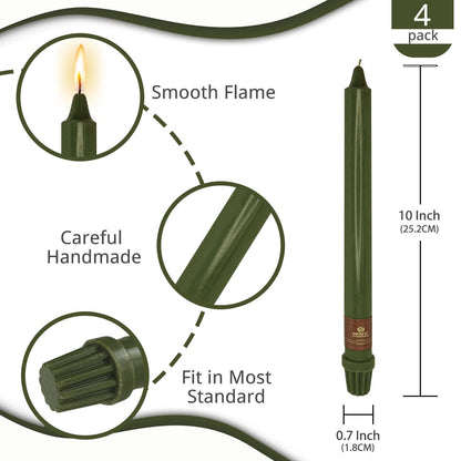 NJAO HOO Olive Green Taper Candle 10 Inch Christmas Candlesticks Unscented Dripless Handmade Candles for Home Decor Dinner New Year Party, 4 Pack