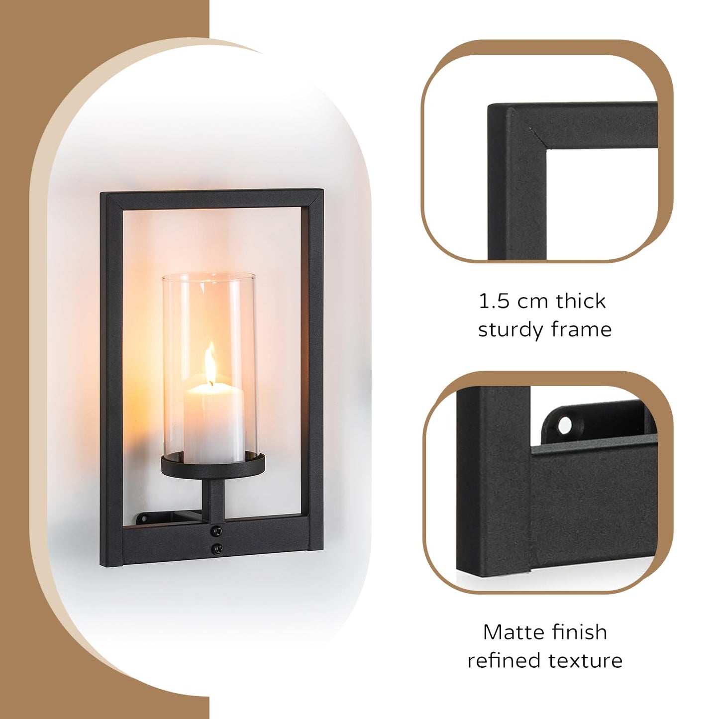 Walasis Black Candle Sconces Wall Decor: Set of 2 Wall Candle Holder with Hurricane for Living Room Hallway - Wall Mounted Minimalism Decorations Metal Morden Style Frame for Home