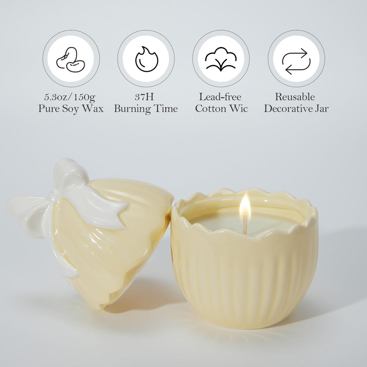 WDS WONDROUS 2-Pack Easter Bunny & Bow Ceramic Jar Candles, Egg Shaped Soy Wax Scented Candles with Daisy and Striped Design, Spring Home Decor Gift Set for Women, Yellow Farmhouse Table Centerpiece