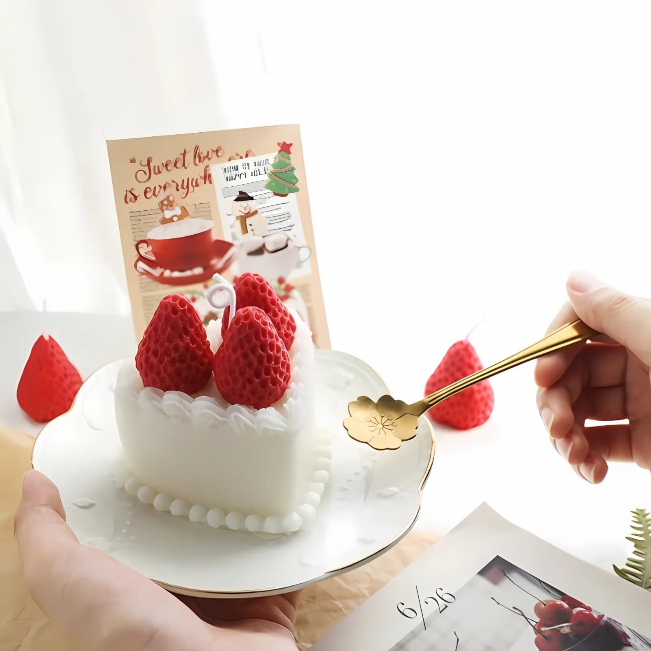 Strawberry Cake Candle, Handmade, Scented Birthday Cake Candle, Decorative Fake Food for Home Décor, Gift for Women & Girls, 3.15"x3.15"