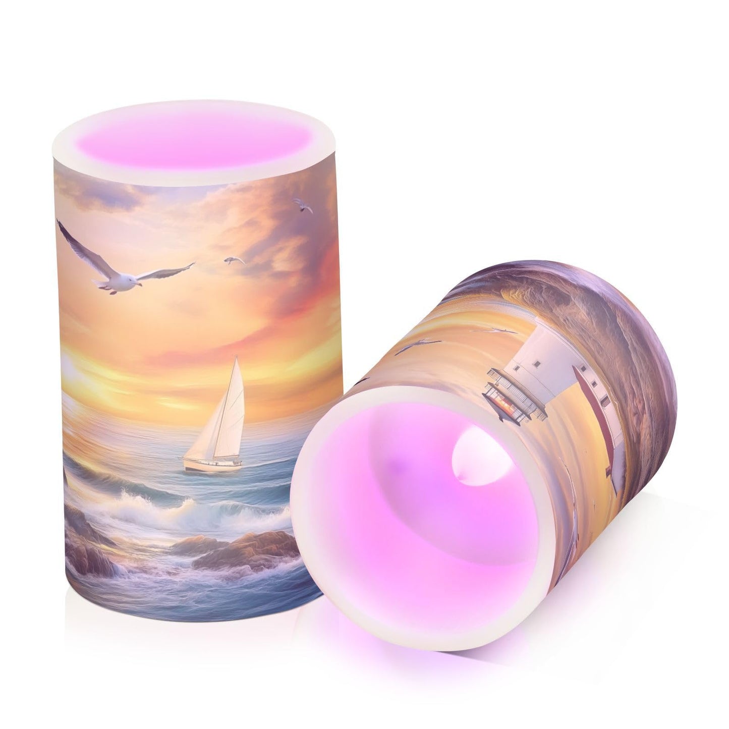 WEVIBOFU Lighthouse Ocean Seagulls Sailboat Flickering Flameless Candles LED Battery Operated with Remote Timer Pillar Candles for Home Birthday Wedding Christmas Decor, Set of 2