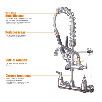 MSTJRY Commercial Faucet with Sprayer 20" Height, 8" Center with 8" Spout Commercial Wall Mount Kitchen Sink Faucet Pre Rinse Sprayer,for 1/2 Compartment Sink (Polished Chrome,Brass)