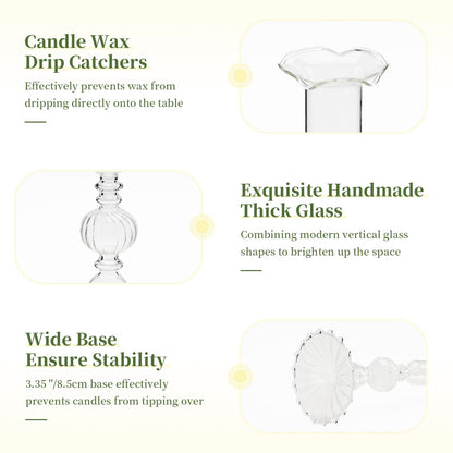 Glasseam Glass Tapered Candlestick Holders: Set of 3 Clear Candle Sticks Holder Decor with Bobeche Modern Ribbed Taper Candle Holders for Table Centerpiece Christmas Wedding Home Decorations