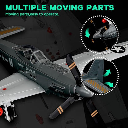 P-51 Mustang Fighter Airplane Military Building Set with Display Stand - 258 Piece Model Kit for Adults Collectors &amp Hobbyists