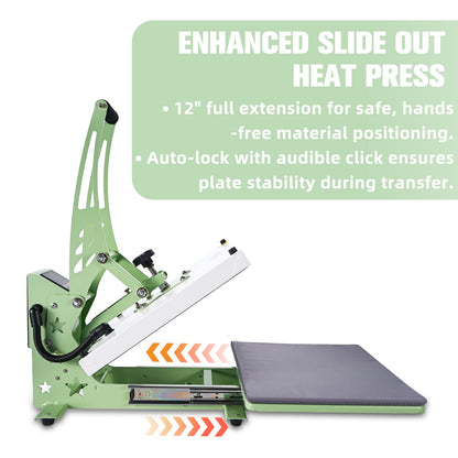 CoolSub Heat Press 15x15 Slide Out Heat Press Machine, Industrial Digital Heat Transfer Machine Sublimation for T-Shirt Green White