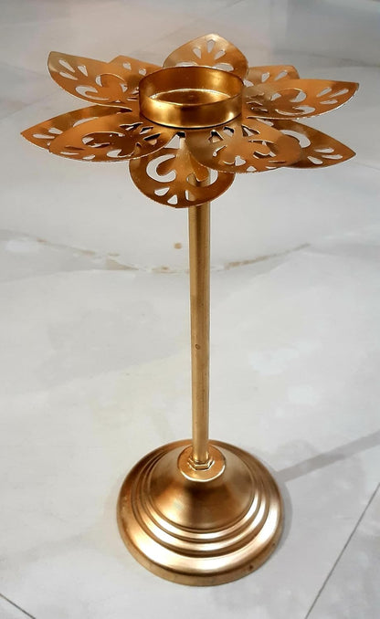 Decorative Lotus Tealight Candle Holder Set, 3 Pieces, Gold Metal, Floral Design
