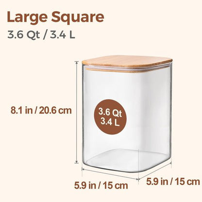 ComSaf Glass Food Storage Containers - 3.6Qt Airtight Cereal Jars with Bamboo Lids | Ideal for Rice, Pasta, Grains