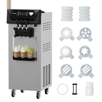 PioneerWorks Commercial Ice Cream Machine, 20-28L/H Yield, 2200W 7L X 2 Capacity, LCD Display, Auto Clean Adjustable Hardness 3 Flavor for Restaurant Snack Bars