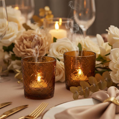 12 Pack Hummingbird Embossed Glass Candle Holders – Votive Tealight Holders with Patent Design, Decorative Embossed Glass Cups for Wedding Centerpieces, Parties, and Home Décor (Chestnut Brown)