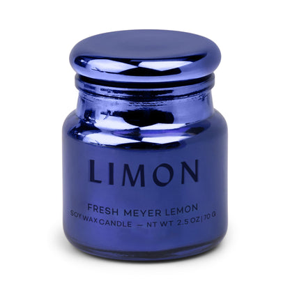 Paddywax Chroma Scented Candle with Lid in Reusable Metallic Etched Glass Jar, Clean- Burn Soy Candle with Approx. 14 Hour Burn Time, Cobalt – Limon, Fresh Meyer Lemon, 2.5 oz
