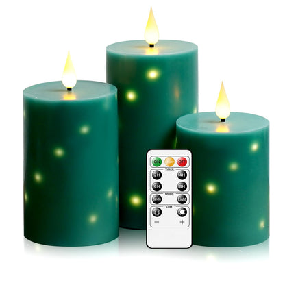 JINYANIA Flameless Candles with Embedded Star String, Real Wax Battery Operated Candles with Remote Timer, Flickering Pillar LED Candle Set for Home Decor Romantic Ambiance （Green）