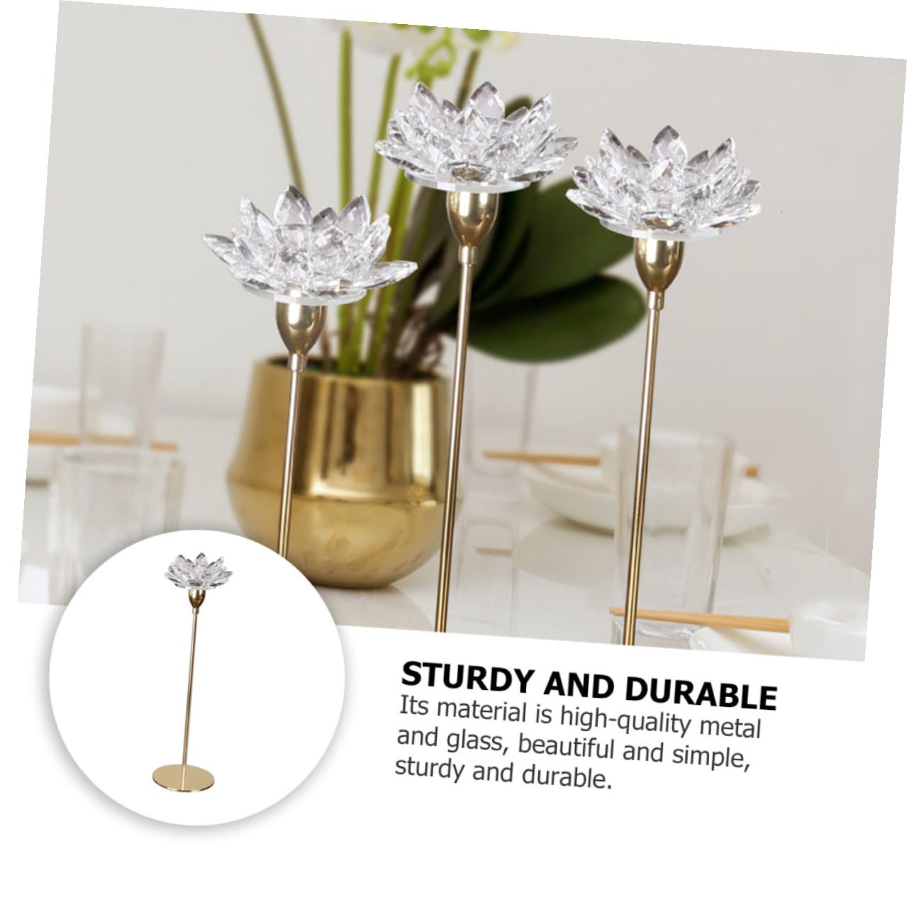 ULTECHNOVO Crystal Lotus Candleholder Metal Candlestick Small Gold Wedding Candle Stand for Dining Room Candlelight Dinner Decoration