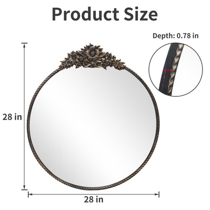 YIDIE Round Mirror, 28''Baroque Style Wall Mirror Metal Frame Circle Mirrors for Entryway, Living Room or Bedroom,Retro Black