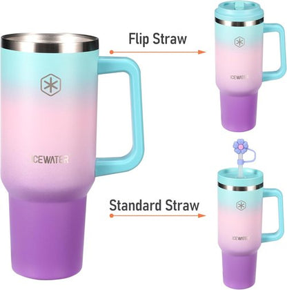 ICEWATER 40 oz Insulated Tumbler - 100% Leak Proof with 2 Lids & Handle | Stainless Steel in Violet