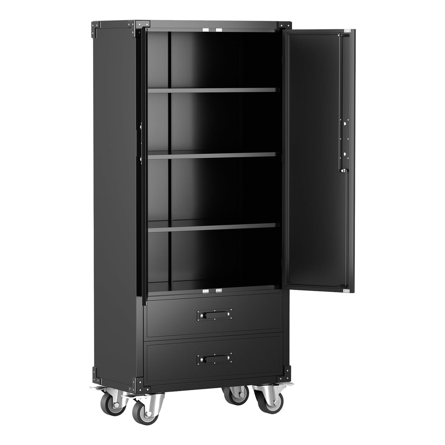 Metal Storage Cabinet with Wheels, 67in Rolling Metal Cabinets with Doors & Adjustable Shelves for Garage Storage, Heavy Duty Black Steel Lockable Cabinet on Wheels for Workshop, Home Office, Black