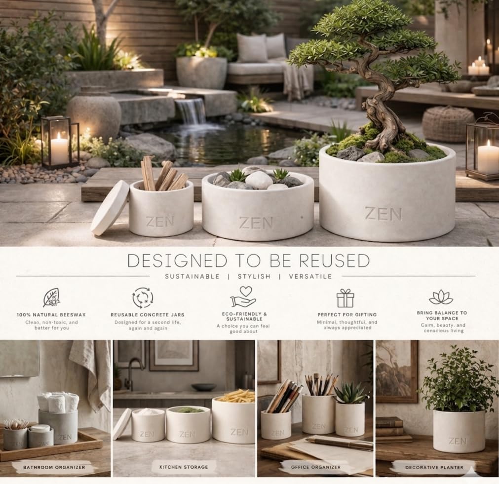 Zen Concrete Candle with Lid – Smoky Wood Sandalwood Vanilla – 100% Beeswax, Minimalist Jar, Wooden Wick, Reusable Container Plant Pot Storage – Luxury-Inspired (Cream, Small, Oud)