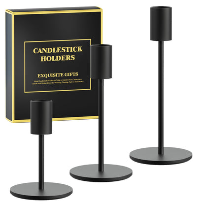 FSyueyun 3 Pcs Black Candle Holders, Elegant Taper Candle Holders, Metal Candlestick Holders for Festive Table Decor, Mantel Centerpiece, Modern Candle Stand for Wedding, Housewarming Gift