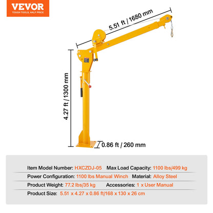 VEVOR Pickup Truck Crane with 1100 lbs Manual Winch, Folding Truck-Mounted Bed Crane, Steel Pickup Truck Jib Crane Hoist 360° Swivel for Lifting Goods in Construction, Factory