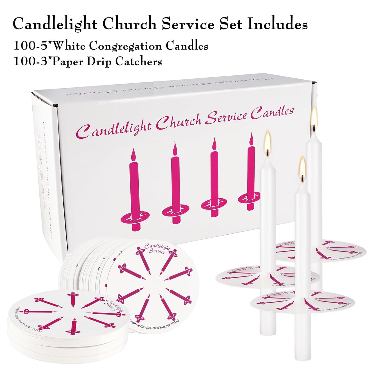 100pcs Church Chime Taper Candle for Altar Meditation Supplies Rituals,Religion,Shabbat,4 Inch Tall Unscented and Smokeless with Drip Protectors (White)