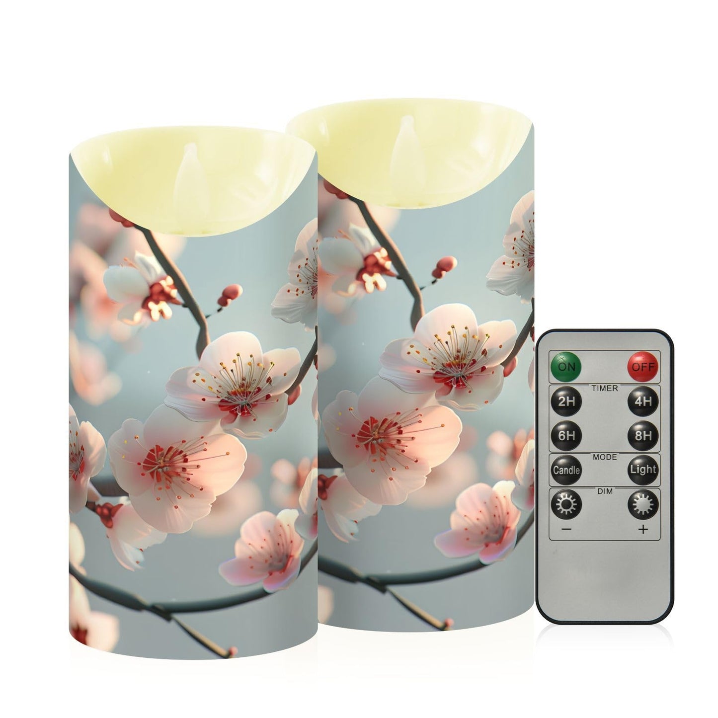 ALAZA Spring Pink White Flower Branches Flickering Flameless Candles Battery Operated with Remote Timer,Tea Light Candles LED Pillar Votive Set of 2 for Outdoor Indoor Decorations 3" x5.9"