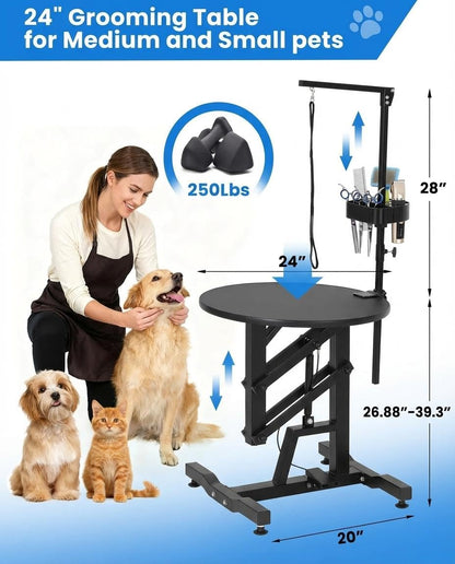 24" Hydraulic Lift Dog Grooming Table – Adjustable Height, 250LB Capacity, Non-Slip Silicone Top, Foldable for Home & Salon Use