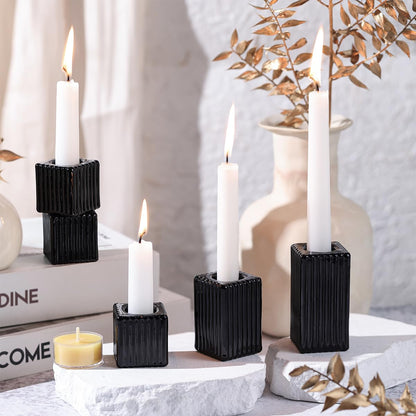 LETINE 12pcs Black Vertical Stripe Glass Candlestick Holders - Chic Taper Candle Sticks Holder Set for Elegant Dining & Home Decor - Ideal Candle Holders for Wall,Living Room,Bedroom, Kitchen Decor