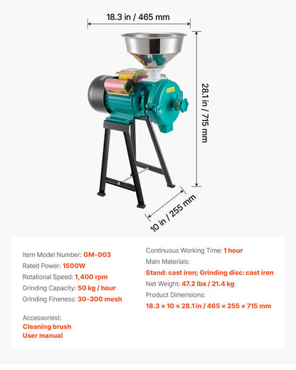 VEVOR Electric Grain Mill Grinder, Commercial Spice Grinders, 1500W Cast Iron Pulverizer Powder Machine with Non-Slip Rubber Feet, for Dry Grains, Spices, Cereals, Coffee, Corn & Pepper