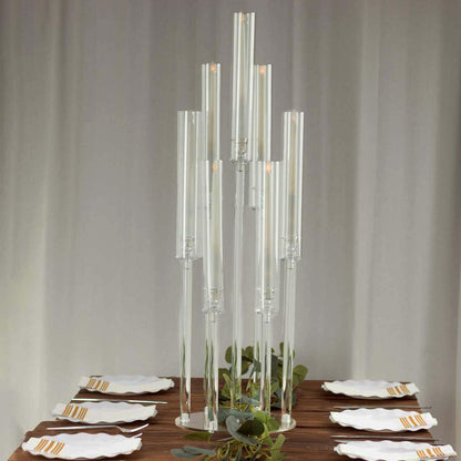 Efavormart 7 Arm Clear Acrylic Cluster Round Taper Candle Holder Candelabra, Pillar Candle Stick Stand with Circular Base - 33" Tall