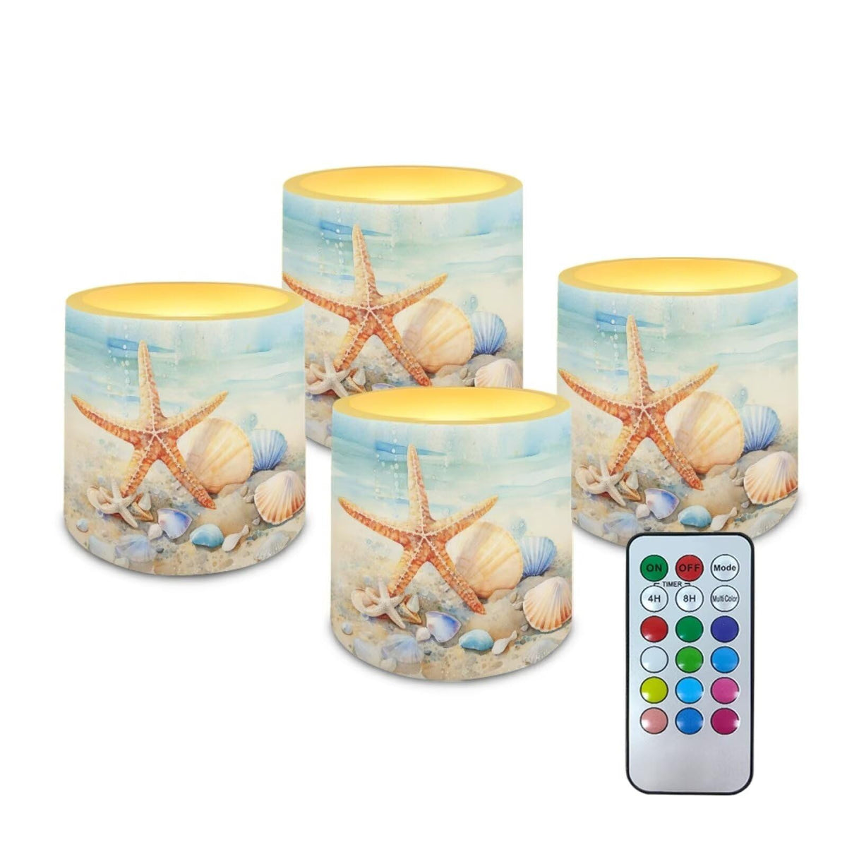 Merkmak 4 Pcs Coastal Flameless Candles Bulk with Remote Battery Operated Pillar Candles with Timer Painting Starfish Shell LED Tea Lights for Beach Theme Home Bathroom Bedroom Decorations