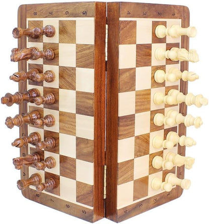 House of Chess - 10 Inch Wooden Magnetic Folding Travel Chess Set/Board with 2 Extra Knights 2 Extra Pawns 2 Extra Queens and Algebraic Notation - Handmade - Golden Rosewood
