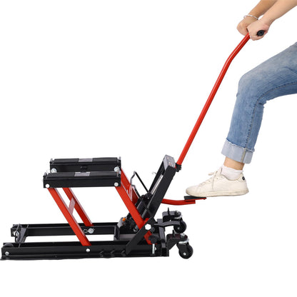 SPOFLYINN Hydraulic Motorcycle Lift Jack Foot-Operated Motorcycle Lift Table with 4 Wheels 1500 LBS Capacity 4.5" - 15" Lifting Range Black+red