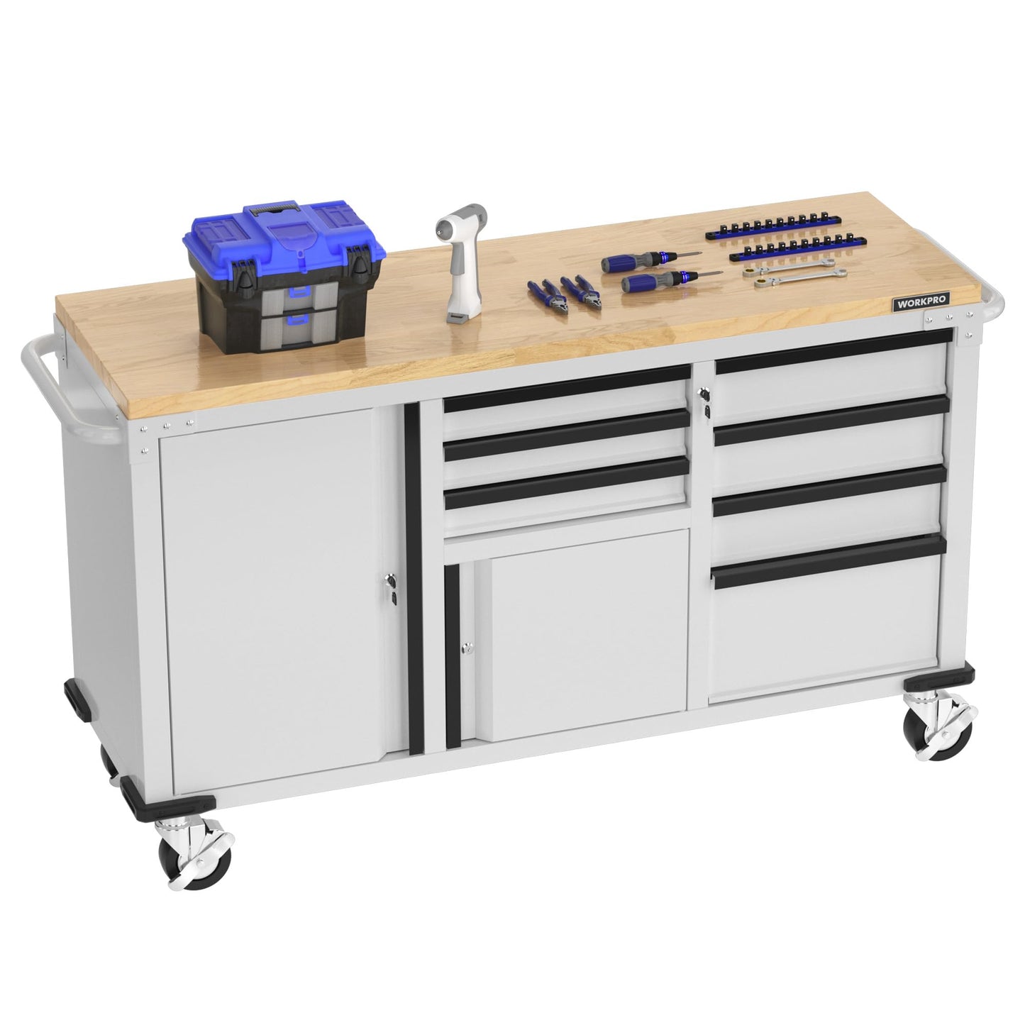 WORKPRO 62" Rolling Tool Chest, Heavy Duty Mobile Tool Storage Cabinet with 7-Drawer & 2-Door, Power Strip, Locking System, 1000 LBS Capacity Rolling Cabinet for Garage, Kitchen & Warehouse