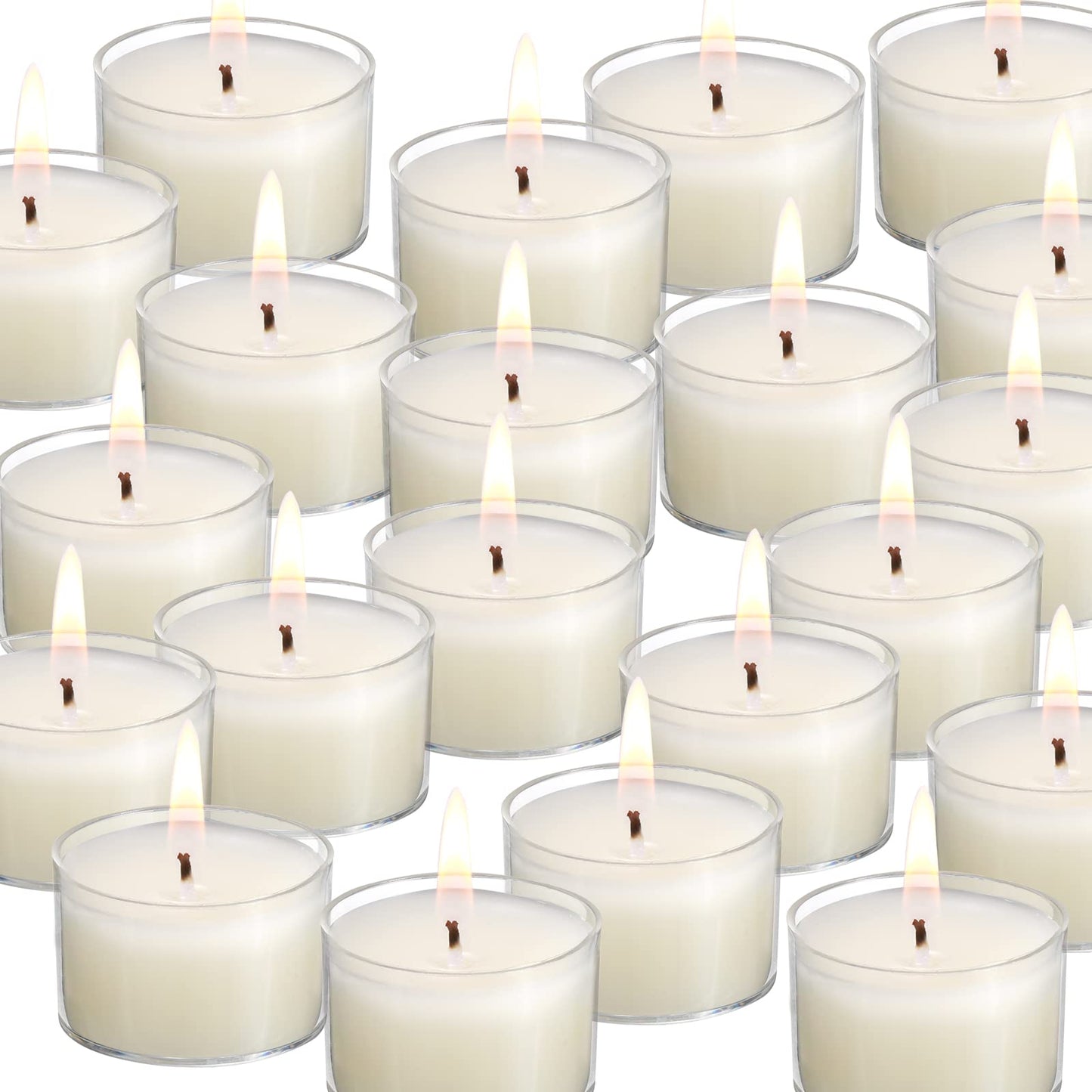 qinxiang 100 Pack Unscented Ivory Clear Cup Tea Light Candles for Dinner, Wedding, Party, Spa, Church, Home Decor Tealights