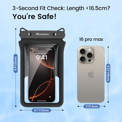 Niveaya Double Space Waterproof Phone Pouch - 2 Pack, Waterproof Phone Lanyard Case with iPhone 16/15/14/13/12 Pro Max up to 8.3", Phone Dry Bags for Vacation Beach Pool Kayak Cruise Travel Essentials