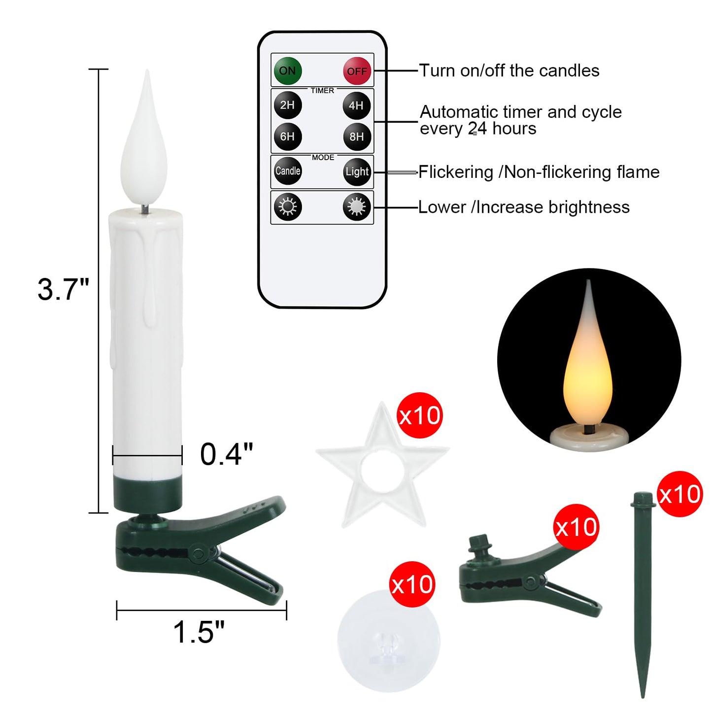 Wondise Christmas Flameless Taper Candle Christmas Tree Candle Lights Battery Operated Candles with Remote & Timer, 10pcs Set Flameless Flickering LED Candles for Christmas Holiday Home Garden Decor