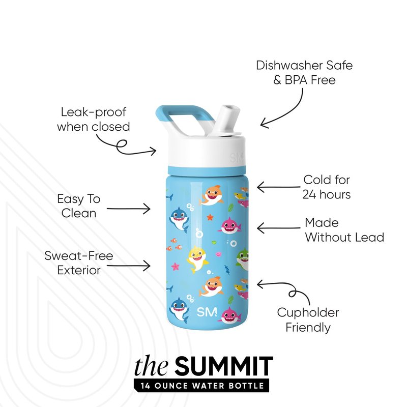 Simple Modern Kids Summit Water Bottle with Straw Lid | Baby Shark 14oz Stainless Steel Cup Insulated Tumbler for Toddlers, School | Baby Shark Friends