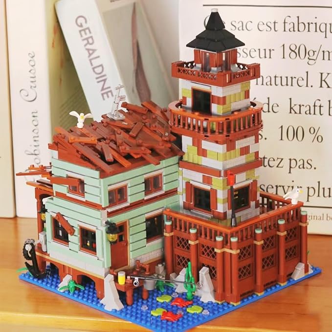 1881PCS Fishing Village Wood Cabin mini Building Blocks Toys with Led LightingCreative Ideals Fishing House Building Sets Best Choice for 6+ Boys Girls or Adults(Not Compatible with Lego)