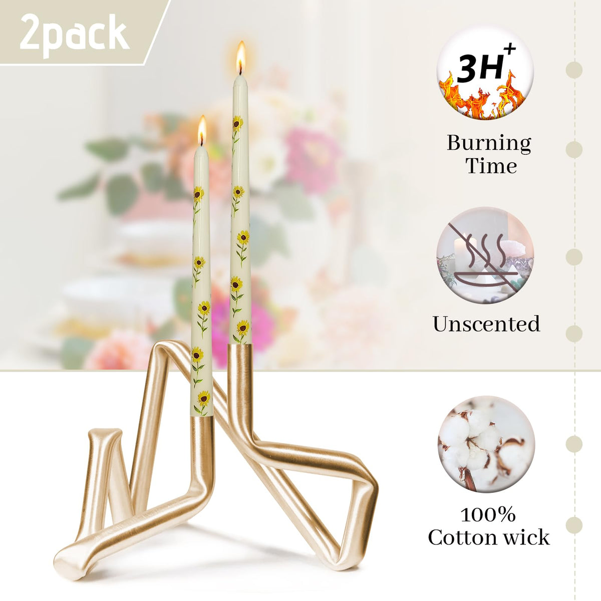 Summer Floral Printed Taper Candle - Baleagcdl Ivory with Sunflower Candlesticks Handmade Long Tapered Candles 10 Inch Drip Candle for Holiday Decor Gifts Set of 2