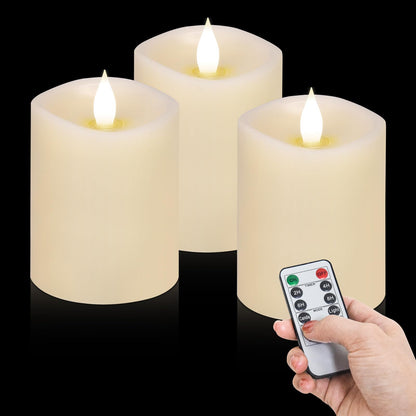 milysoek 3x4 Flickering Flameless Candles Set of 3,Real Wax Pillar LED Candles,with Timer,4 inch Flameless Candles with Remote,for Party Wedding Holiday Home Decor,Ivory