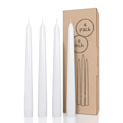 CANDWAX 8 inch White Taper Candles Set of 4 - Unscented Dripless Tapers - Smokeless Christmas Tapers - 6 Hours Burning Time Tapered White Candlesticks - Christmas Candle Sticks