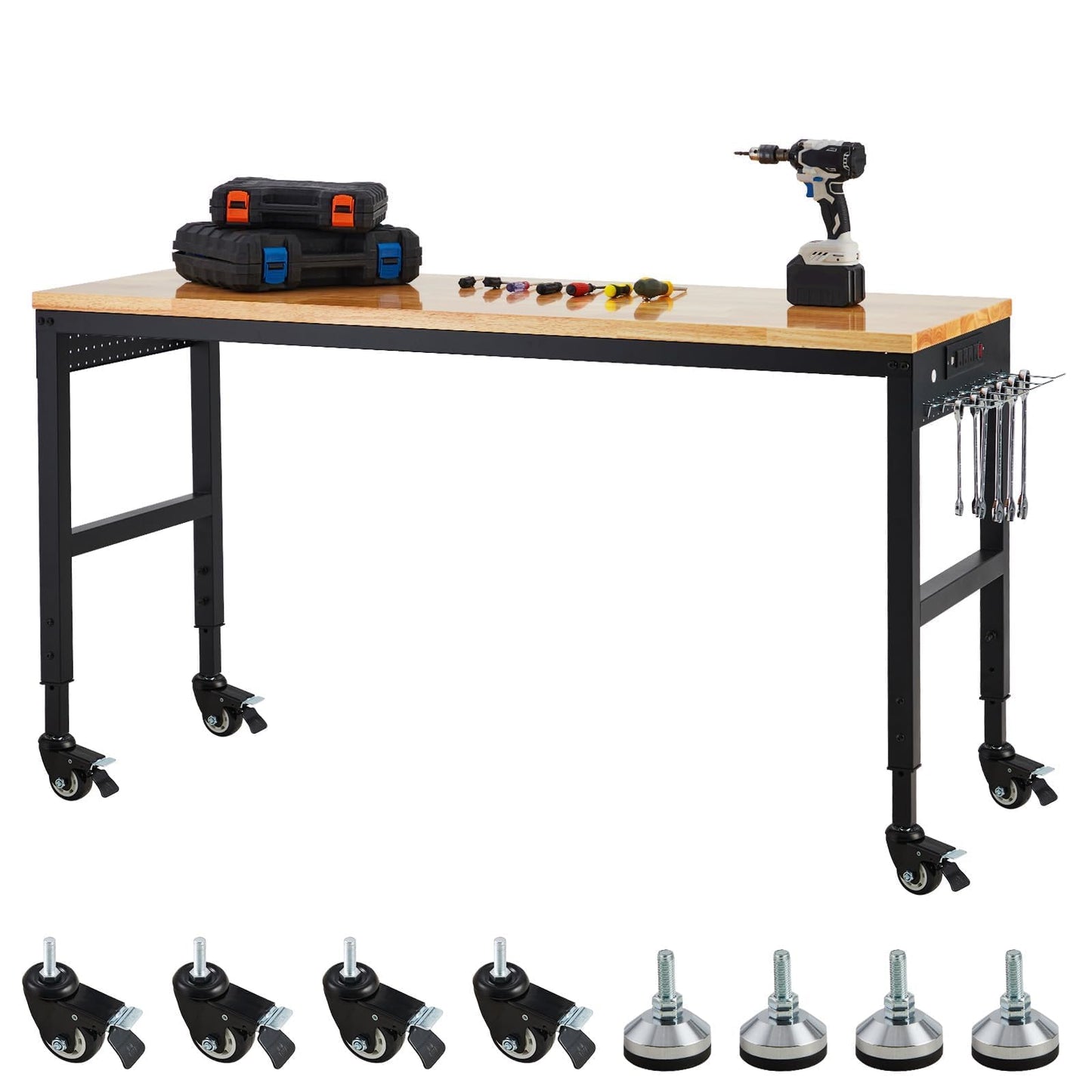 GarveeLife Adjustable Workbench,72 in x 25 in Heavy-Duty Rubber Wood Shop Table with 28.3-38.1 in Height Adjustment,2000 LBS Load Capacity,Garage Workbench with Power Outlets & Lockable Wheels
