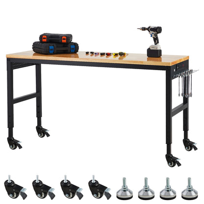 GarveeLife Adjustable Workbench,72 in x 25 in Heavy-Duty Rubber Wood Shop Table with 28.3-38.1 in Height Adjustment,2000 LBS Load Capacity,Garage Workbench with Power Outlets & Lockable Wheels