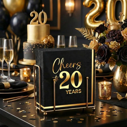 JOYGATHER Cheers to 20 Years - 50PCS Black & Gold Foil Cocktail Napkins, 3-Ply Disposable Paper 5x5 Inches 20th Birthday Decorations, Wedding, Anniversary, Party Men & Women