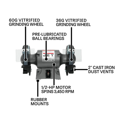 JET 8-Inch Bench Grinder, 3450 RPM, 1/2 HP, 120V 1Ph (Model JBG-8)