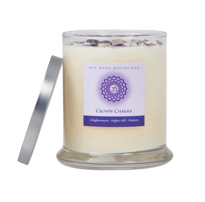 Crown Chakra Candle by New Moon Beginnings - Chakra Candles - Dried Flower, Herb, & Crystal Candles - Aromatherapy Candles - Soy Candle - 12oz Glass Jar