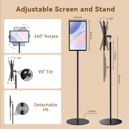QIXZOCV 15.6" Digital Signage, Capacitive Touchscreen Advertising Display, Adjustable Stand, Android OS Interactive Kiosk, Wireless Screen Mirroring, 4+64GB, Multiple interfaces Available